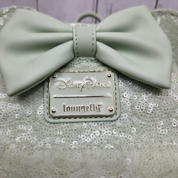 Disney Parks Loungefly Mint Green Sequin W Bow Mini Backpack Retired Rare Cute! - Picture 4 of 16